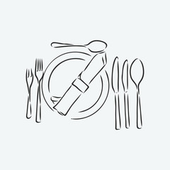 Vector hand drawn illustration with Table setting set. Sketch. Vintage illustration. table set, Cutlery vector sketch illustration