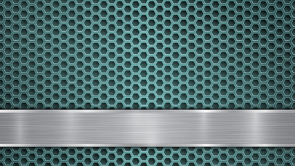 Background of light blue perforated metallic surface with holes and horizontal silver polished plate with a metal texture, glares and shiny edges