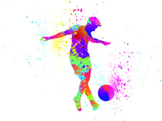 Fototapeta na wymiar Football logo design. Soccer player kick the goal. Colorful sport background. Vector illustration.