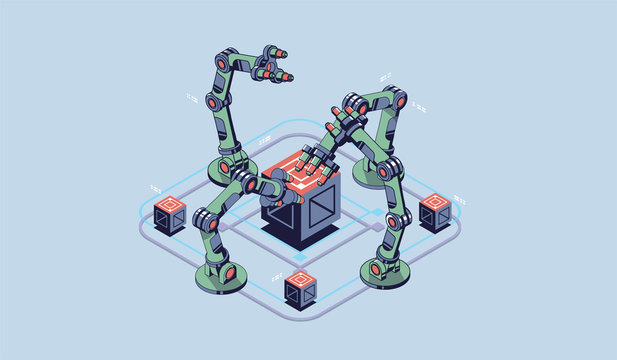 Mechanical hand. Industrial robot manipulator. Modern industrial technology. Tech visualisation. Isometric illustration.