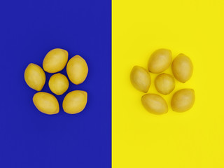 Yellow Lemon groups viewed from above with vibrant background colors inspired in minimalism