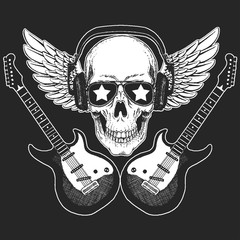 Rock music festival. Skull with guitars. Cool print for poster, banner, t-shirt.