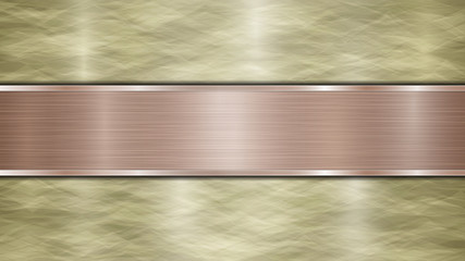 Background consisting of a golden shiny metallic surface and one horizontal polished bronze plate located centrally, with a metal texture, glares and burnished edges