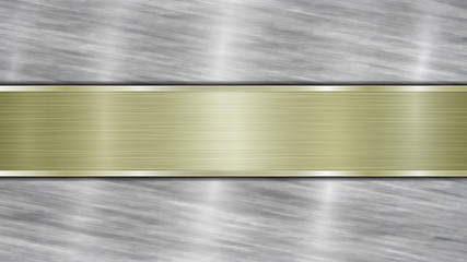 Background consisting of a silver shiny metallic surface and one horizontal polished golden plate located centrally, with a metal texture, glares and burnished edges