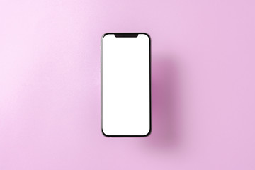 Smartphone mockup. New black frameless hovering smartphone with white screen. Isolated on color...
