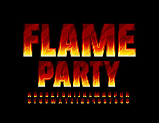 Vector bright flyer Flame Party with creative Fire Font. Burning Alphabet Letters and Numbers for poster