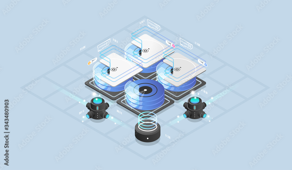Poster Isometric design concept virtual reality and augmented reality. software development and programming. Computation of big data center, information processing, database. isometric vector technology