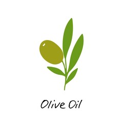 Olive oil. Cosmetic ingredient. Nutritional oil for skin care and health. Hand-drawn icon of olive and hand writting inscription. Vector illustration.