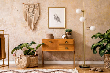 Modern retro composition of living room with wooden vintage commode, furniture, lamp, plant,...