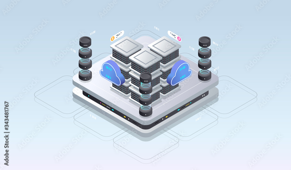 Fototapete Isometric design concept virtual reality and augmented reality. software development and programming. Computation of big data center, quantum computer isometric vector technology