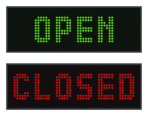 Led digital sign, open and closed text. Red and green light effect black background  signboard.