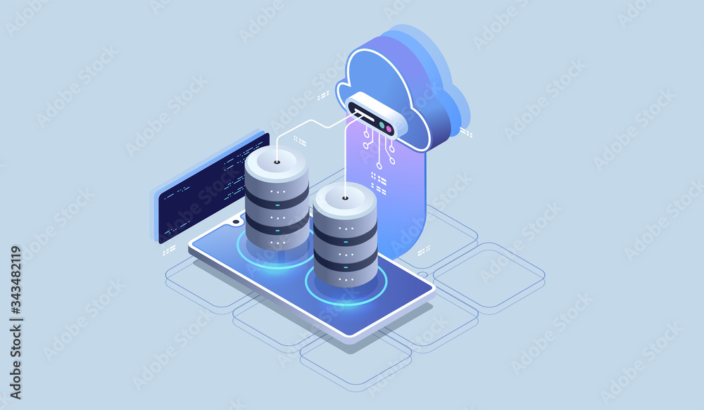 Poster modern cloud technology and networking concept. cloud database, futuristic server energy station. da