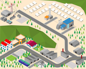 solar thermal energy, solar thermal power plant in isometric graphic