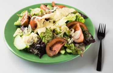 vegetable salad of greens, tomatoes and cucumbers on a green plate