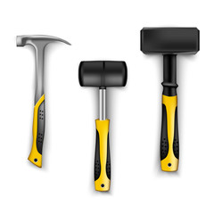 set of construction hammers in different sizes, metal and rubber for tiles with rubber black and yellow handles. Tool for drivers, builders and craftsmen isolated on white background. hammer isolated 