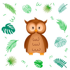 Cute cartoon owl with tropical leaves. Vector character illustration on white isolated background.