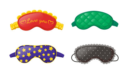 Sleep masks different shapes. Masks for good sound sleep. Eye protection accessories and prevention of healthy sleep vector illustration