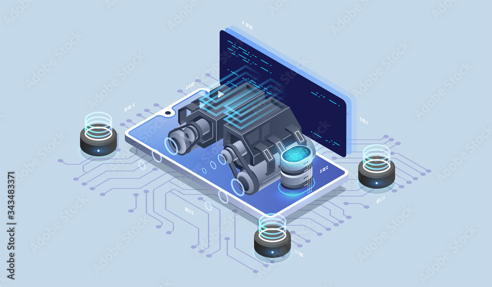 Poster Web engine, programming tools. Software development. Technology visualization. Vector isometric illustration.
