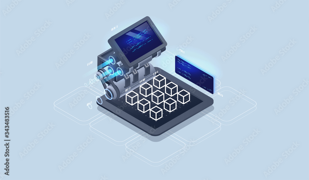 Poster Web engine, programming tools. Software development. Technology visualization. Vector isometric illustration.