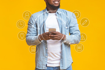 Guy using smart phone with flying network