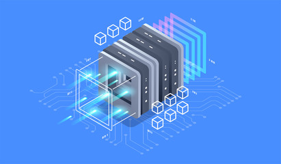 Isometric design concept virtual reality and augmented reality. software development and programming. Computation of big data center, quantum computer isometric vector technology