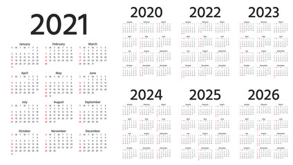 Calendar 2021, 2022, 2023, 2024, 2025, 2026, 2020 years. Vector illustration. Simple template.