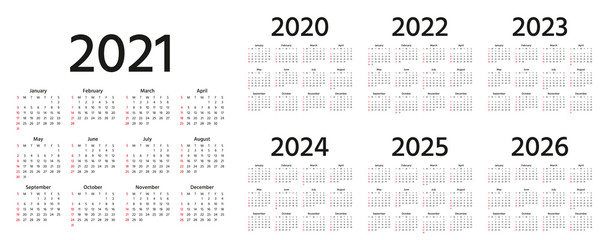 Calendar 2021, 2022, 2023, 2024, 2025, 2026, 2020 years. Vector illustration. Simple template. - obrazy, fototapety, plakaty