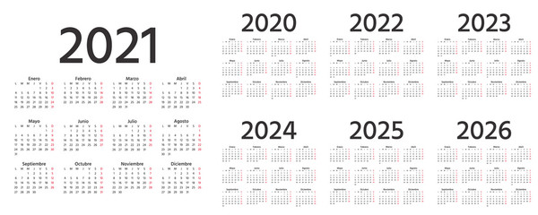 Spanish Calendar 2021, 2022, 2023, 2024, 2025, 2026, 2020 years. Vector illustration. Simple template.