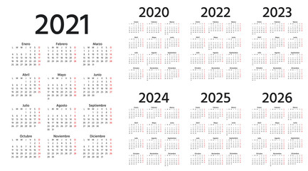 Spanish Calendar 2021, 2022, 2023, 2024, 2025, 2026, 2020 years. Vector. Week starts Monday. Simple template Spain calenders. Portrait vertical orientation. Yearly stationery organizer. Illustration.