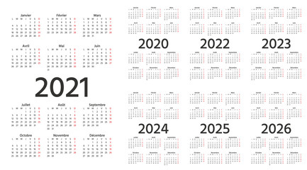 French Calendar 2021, 2022, 2023, 2024, 2025, 2026, 2020 years. Vector. Week starts Monday. France calender template. Yearly stationery organizer. Vertical, portrait orientation. Simple illustration.