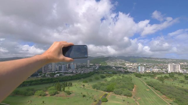POV on Tourist Photographing Honolulu Hawaii island in 4K Slow motion 60fps
