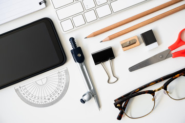 Top view table desk of office architect pencil, compasses tool, ruler, rubber, protractor grid,...