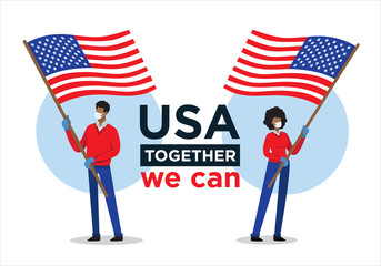 Afro american man and woman with USA flag encouraging people against corona virus 
