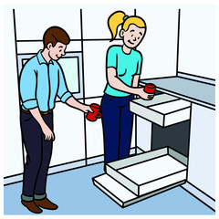 a man and a woman put a dishwasher in. kitchen, office, rules, clean workplace, comic.