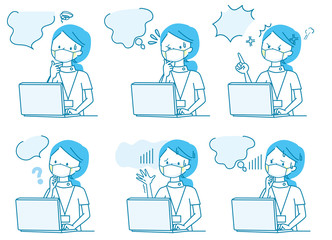 マスク　パソコン　悩む　焦る　怒る　若い女性　白衣　表情セット