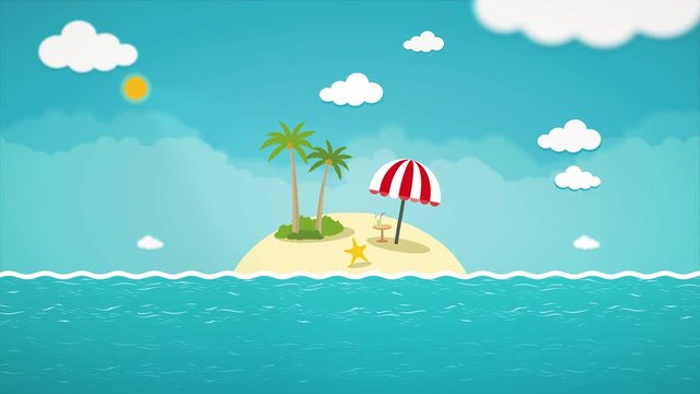 Animated colorful cartoon small tropical island. Background flat motion graphic concept. Looping video.