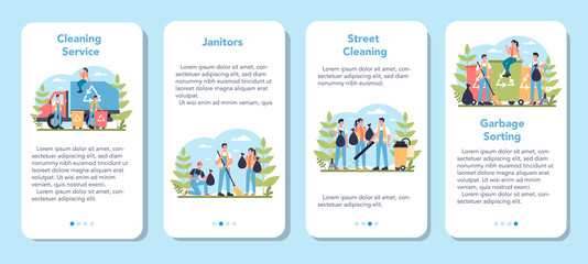 Fototapeta na wymiar Cleaning company or janitor service mobile application banner set.