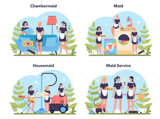 Maid service, cleaning service, apartment cleaning set. Woman