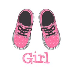 Vector illustration Girls sneakers hand drawing. Print Design - It's a girl. Pink polka dots coloring. A pair of baby shoes isolated
