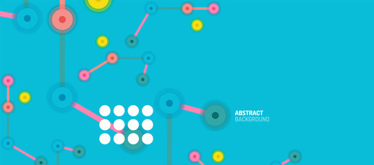 Flat style geometric abstract background, round dots or circle connections on color background. Technology network concept.