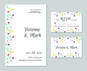Vector wedding floral invitation. Rsvp card design set. Invitation card with floral summer pattern