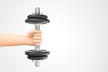 Fototapeta premium Cartoon hand holding heavy black dumbbell over white background with copy space.