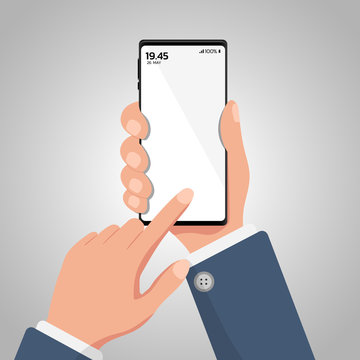 Hand holding smartphone with blank screen isolated. Flat design concept.