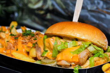 Fresh melting burger ready to eat during fast food festival.