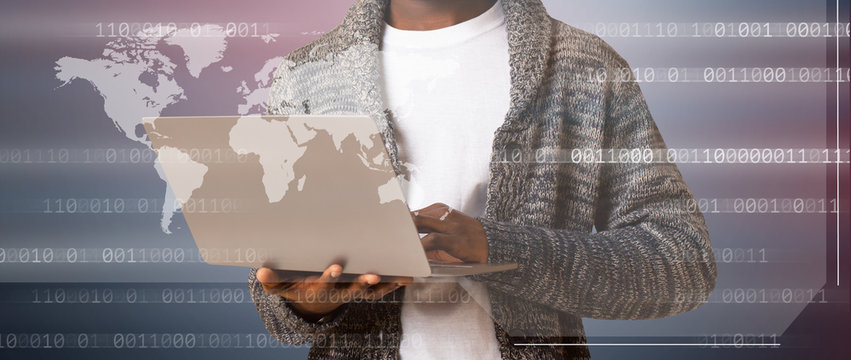 Hacker holding laptop with virtual display server data