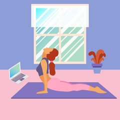 A girl is doing sports at home and stretching with yoga exercises by a laptop. Vector flat illustration of training, sports activity, gym by the application or online platform, program in quarantine