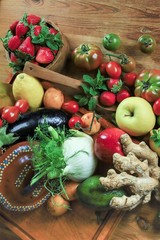 closeup of a rustic composition of fruit and vegetables