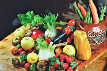 closeup of a rustic composition of fruit and vegetables