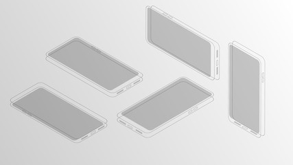 Vector illustration of isometric minimal looking smartphone drawing front different angles and positions