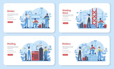 Welder and welding service concept web banner or landing page set.